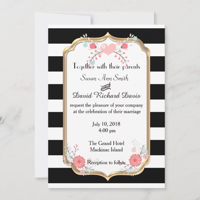 Elegante invitación a la boda floral blanca y negr (Anverso)
