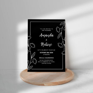 Elegante invitación a la boda floral blanca y negr