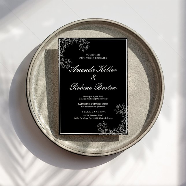 Elegante invitación a la boda floral blanca y negr (Subido por el creador)