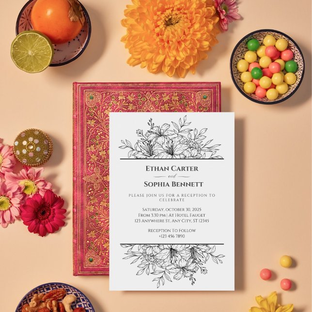 Elegante invitación a la boda floral blanca y negr (Subido por el creador)