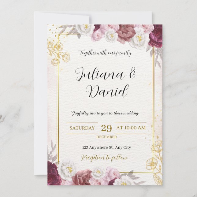 Elegante invitación a la Boda Floral Borgoña y Dor (Anverso)