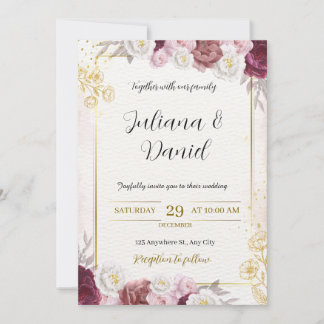 Elegante invitación a la Boda Floral Borgoña y Dor
