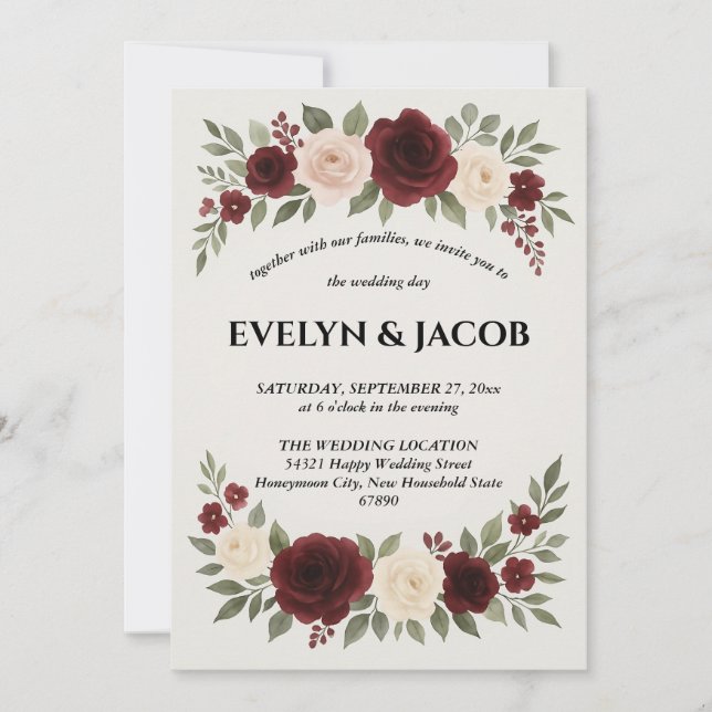 Elegante invitación a la boda floral borgoñona (Anverso)