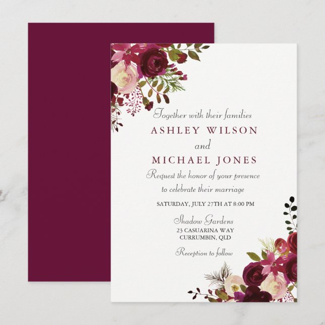 Elegante invitación a la boda floral borgoñona (Anverso / Reverso)