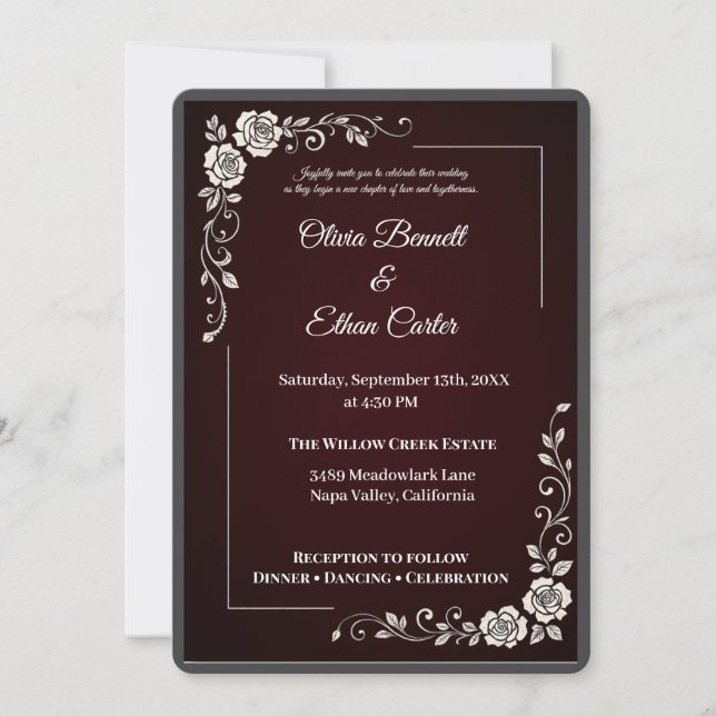 Elegante invitación a la boda floral borgoñona (Anverso)