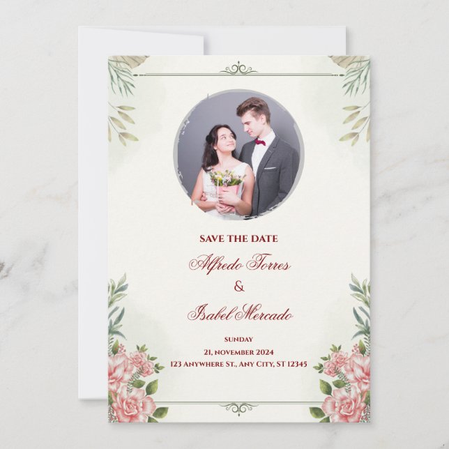Elegante invitación a la boda floral con foto (Anverso)