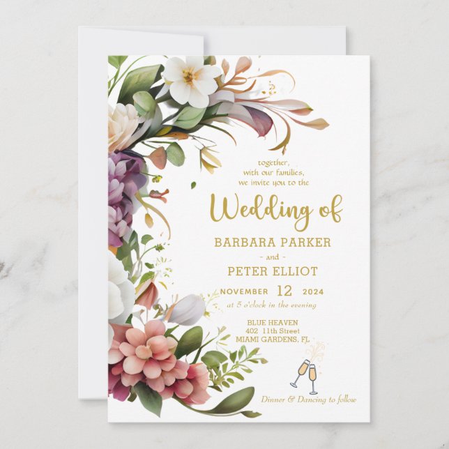 Elegante invitación a la boda floral con tema de o (Anverso)