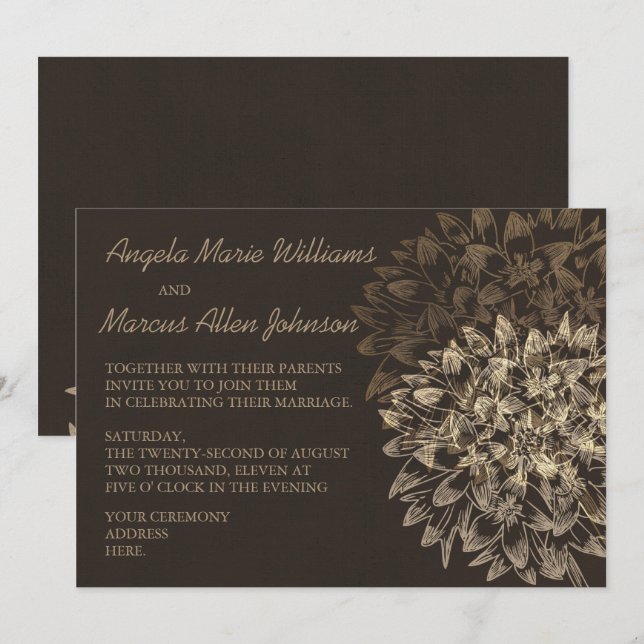 Elegante invitación a la boda floral Dahlia Brown (Anverso / Reverso)