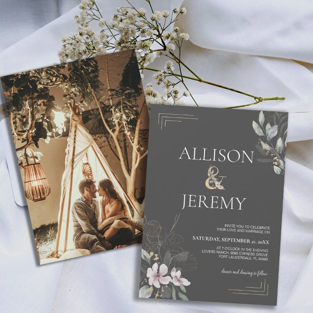 Elegante Invitación a la boda floral de acuarela b (charcoal gold botanical greenery spring wedding invite)