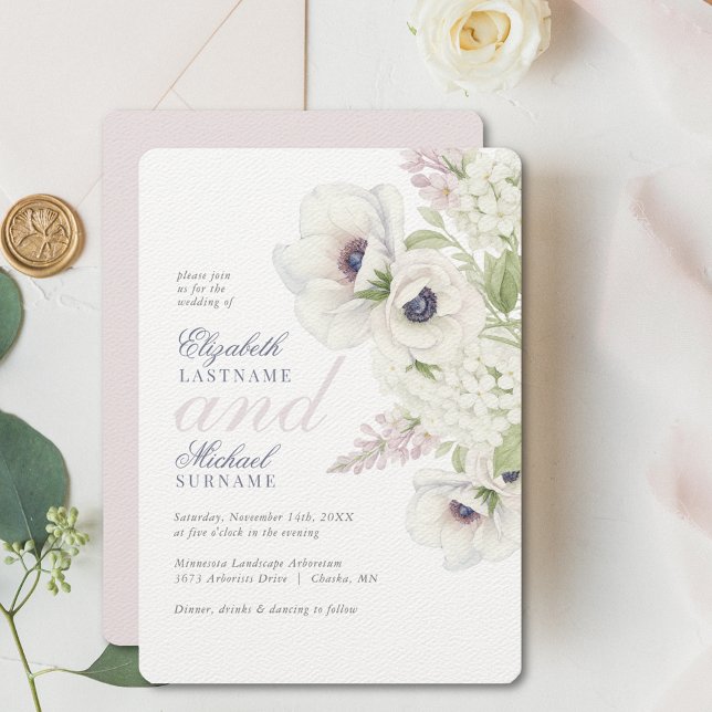 Elegante invitación a la Boda Floral de Anémona Bl (Elegant White Anemone Wedding Invitation with watercolor florals and timeless romance.)