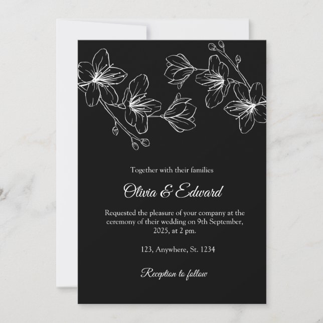 Elegante invitación a la boda floral de arte de la (Anverso)