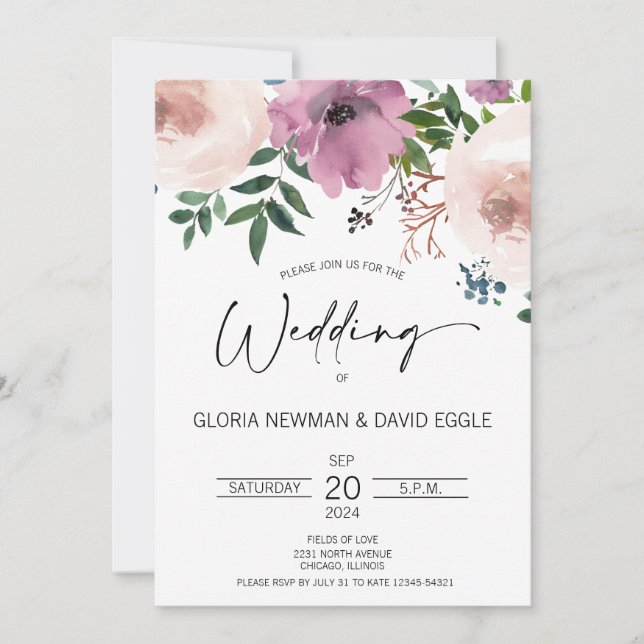 Elegante Invitación a la boda floral de ciruelas (Anverso)