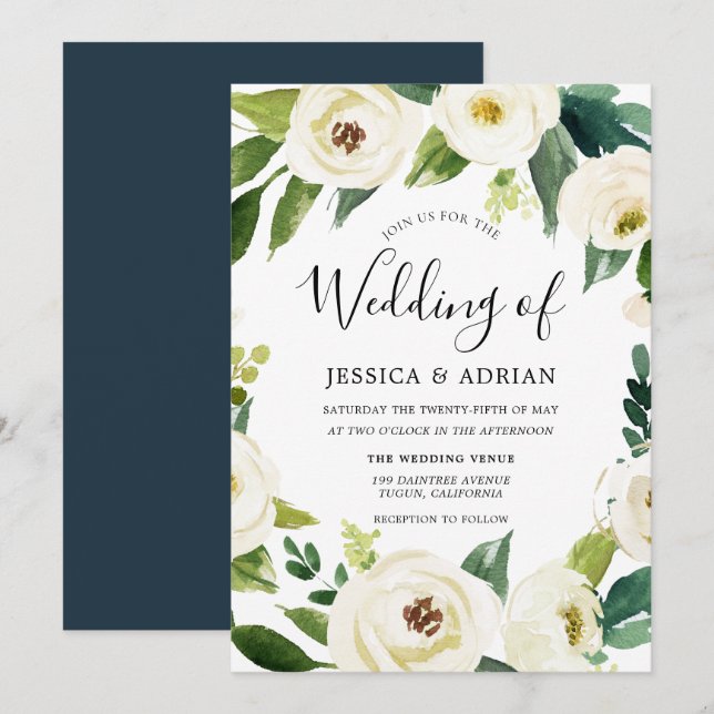 Elegante Invitación a la Boda Floral de Flor en Bl (Anverso / Reverso)