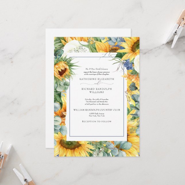 Elegante Invitación a la boda floral de girasol (Anverso/Reverso In Situ)