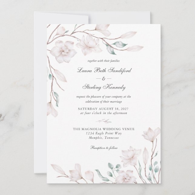 Elegante invitación a la boda floral de la Magnoli (Anverso)