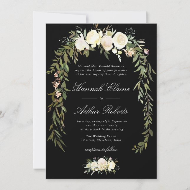 elegante invitación a la boda floral de marfil (Anverso)