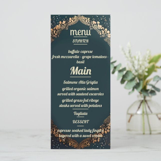 Elegante invitación a la boda floral de oro (Anverso de pie)