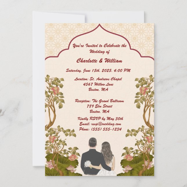 Elegante invitación a la boda floral de oro (Anverso)