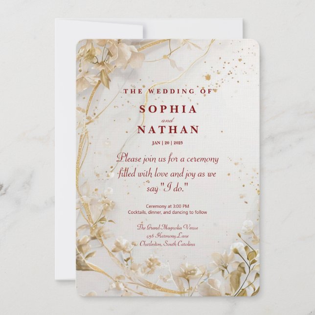 Elegante invitación a la boda floral de oro (Anverso)