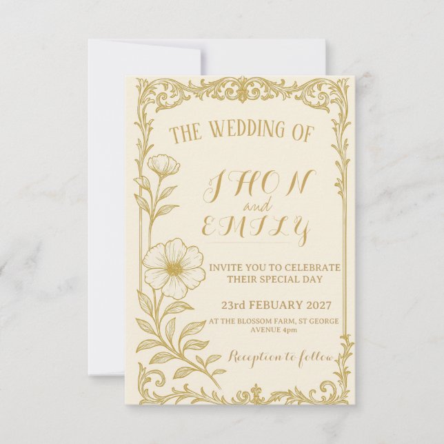 Elegante invitación a la boda floral de oro (Anverso)