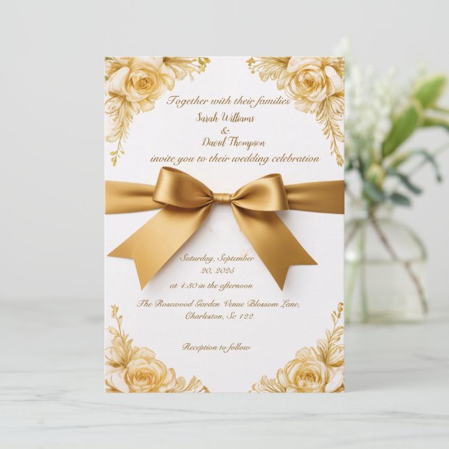 Elegante invitación a la boda floral de oro con ci (Anverso de pie)