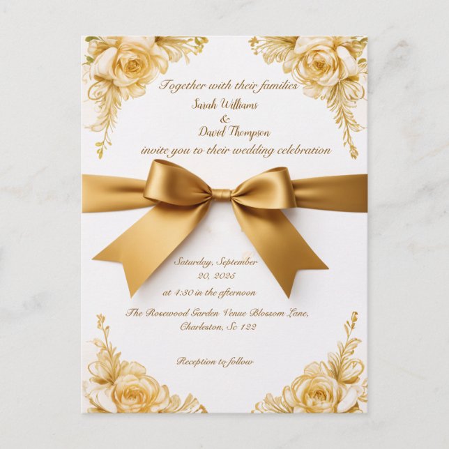 Elegante invitación a la boda floral de oro con ci (Anverso)