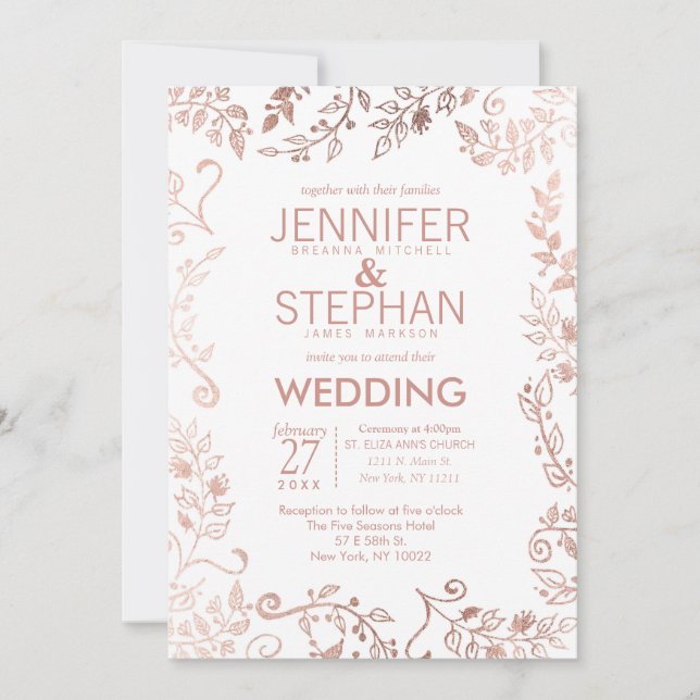 Elegante Invitación a la Boda Floral de Oro Rosa B (Anverso)