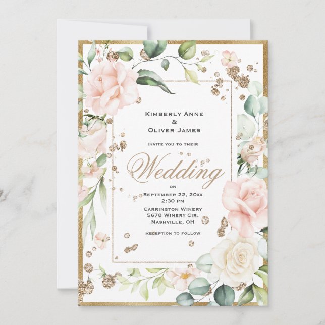 Elegante Invitación a la Boda Floral de Oro Rubor  (Anverso)