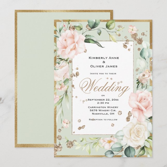 Elegante Invitación a la Boda Floral de Oro Rubor  (Anverso / Reverso)