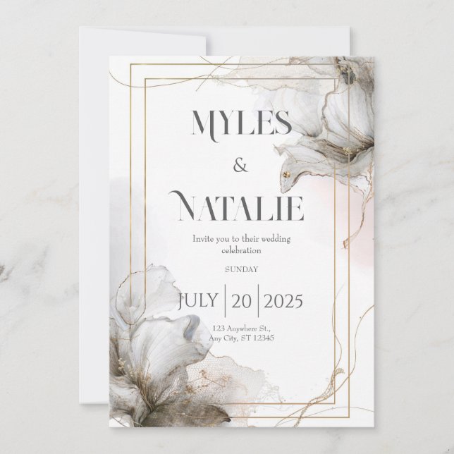 Elegante invitación a la boda floral de oro y gris (Anverso)