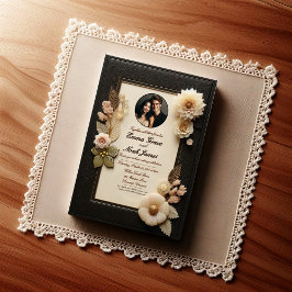 Elegante invitación a la boda floral de oro y negr