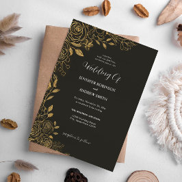 Elegante invitación a la boda floral de oro y negr