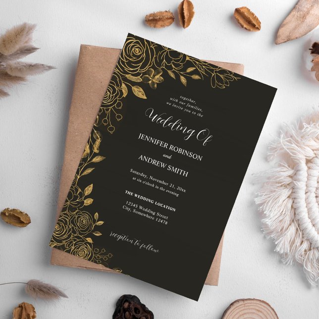 Elegante invitación a la boda floral de oro y negr (Subido por el creador)