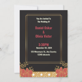 Elegante invitación a la boda floral de oro y negr