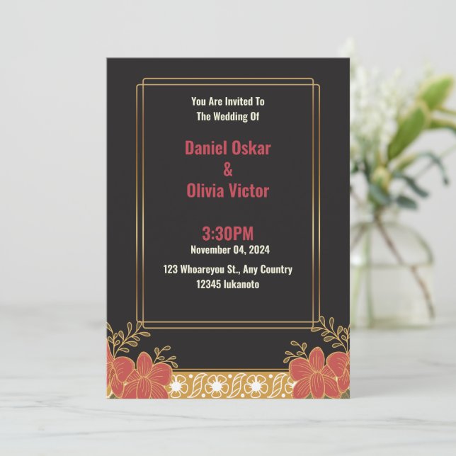 Elegante invitación a la boda floral de oro y negr (Anverso de pie)