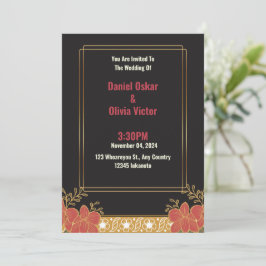 Elegante invitación a la boda floral de oro y negr