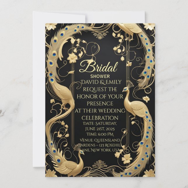 Elegante invitación a la boda floral de oro y negr (Anverso)
