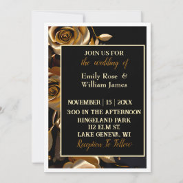 Elegante invitación a la boda floral de oro y negr