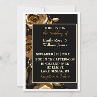 Elegante invitación a la boda floral de oro y negr