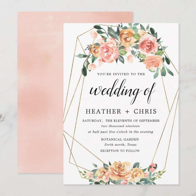 Elegante Invitación a la Boda Floral de Oro y Peac (Anverso / Reverso)