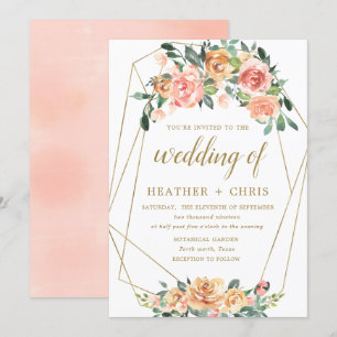 Elegante Invitación a la Boda Floral de Oro y Peac
