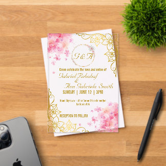 Elegante invitación a la boda floral de oro y rosa