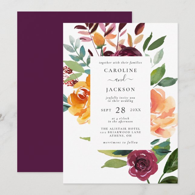 Elegante invitación a la boda floral de otoño (Anverso / Reverso)