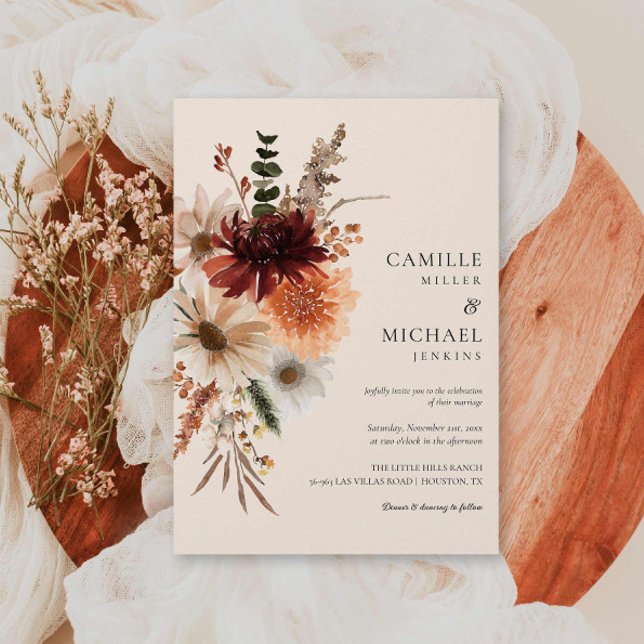 Elegante Invitación a la boda floral de otoño (Burgundy Wildflower Wedding Invitation)