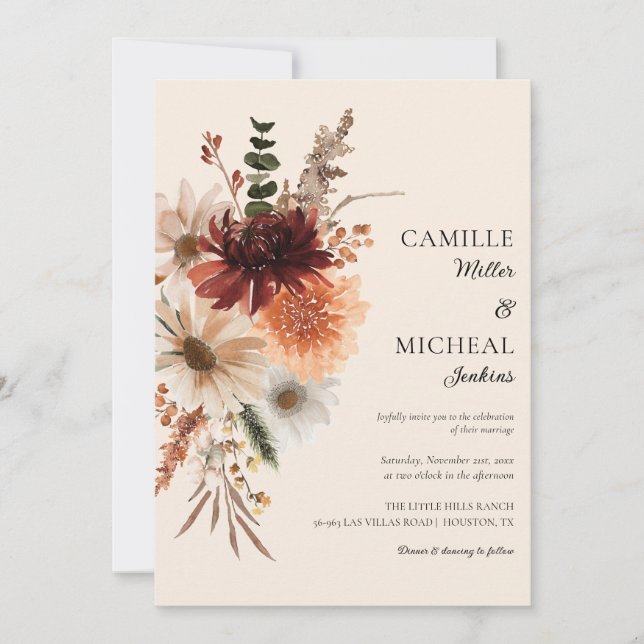 Elegante Invitación a la boda floral de otoño (Anverso)
