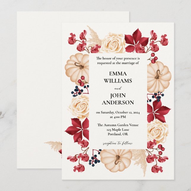 Elegante invitación a la boda floral de otoño en B (Anverso / Reverso)