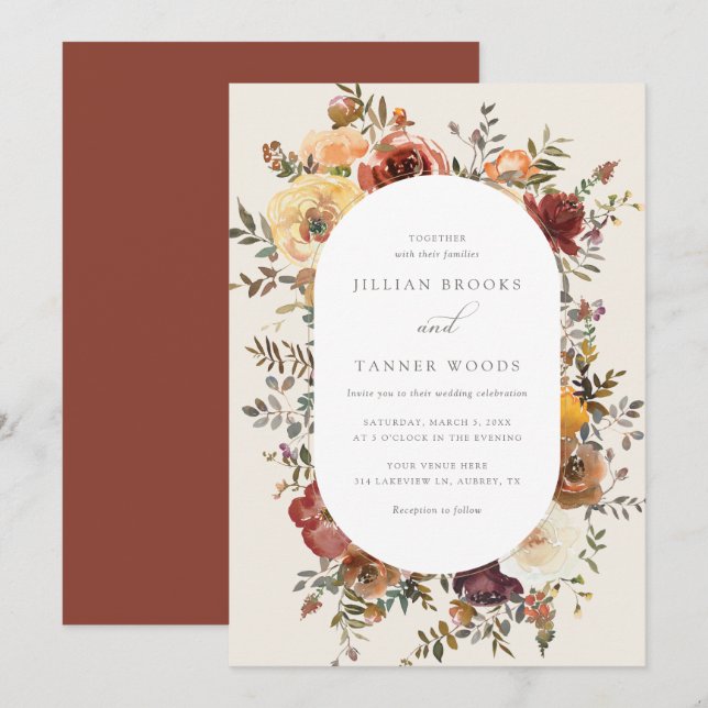 Elegante invitación a la boda floral de otoño rúst (Anverso / Reverso)