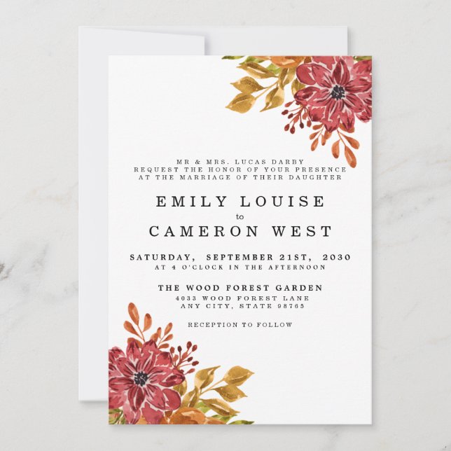 Elegante invitación a la boda floral de otoño rúst (Anverso)