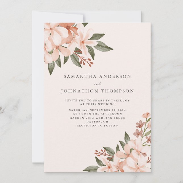 Elegante Invitación a la Boda Floral de Peach (Anverso)