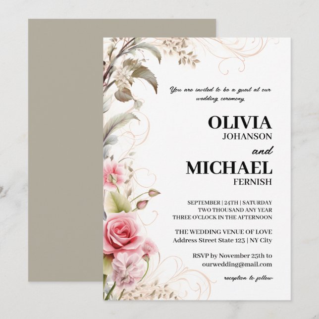 Elegante invitación a la boda floral de primavera (Anverso / Reverso)